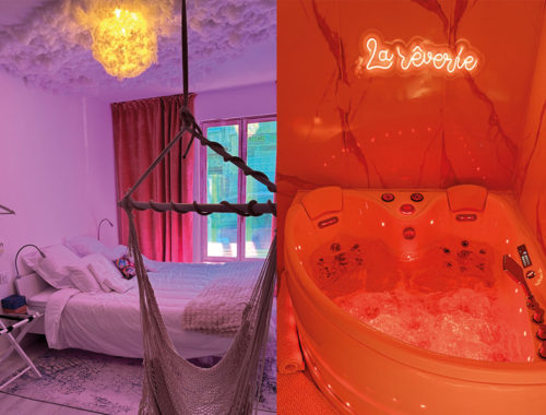 Chambre d'hôtel avec éclairage violet et jacuzzi rouge avec néon "La Rêverie".