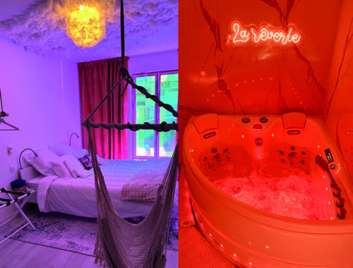 Chambre romantique avec hamac et plafond nuage lumineux, associée à une balnéo en forme de cœur à La Rêverie à Vierzon