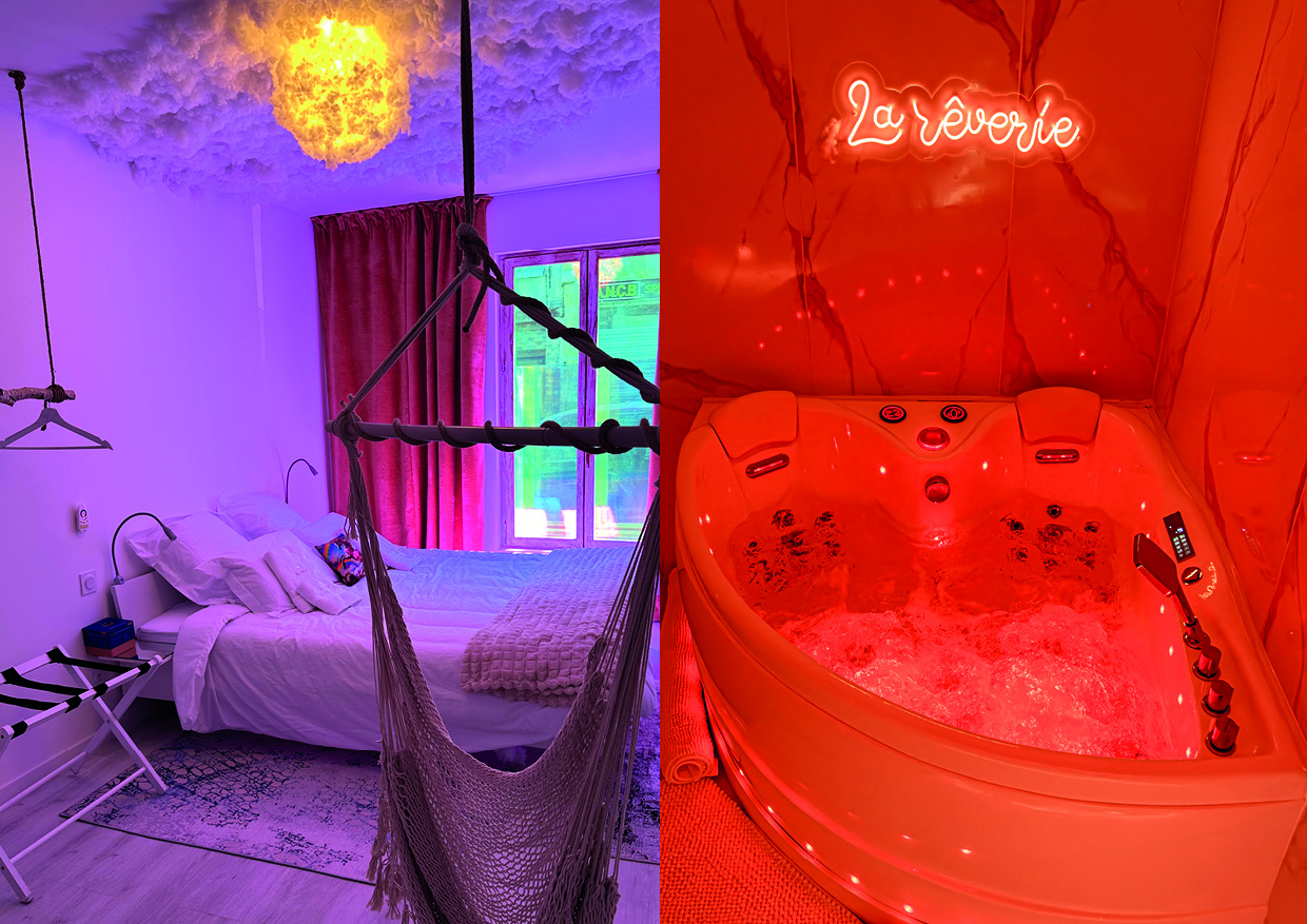 Chambre romantique avec hamac et plafond nuage lumineux, associée à une balnéo en forme de cœur à La Rêverie à Vierzon